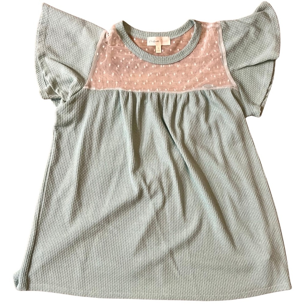 Perfect Peach Mint Waffle Knit Flutter Sleeve Top Size Small